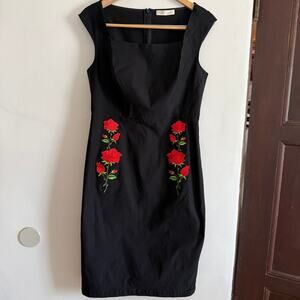 Belle Poque | Black Wiggle Dress Square Neck Embroidered Roses | Size Large
